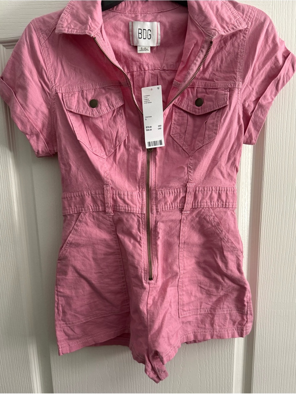 BDG Pink Short-Sleeve One-Piece Romper with Front Zip